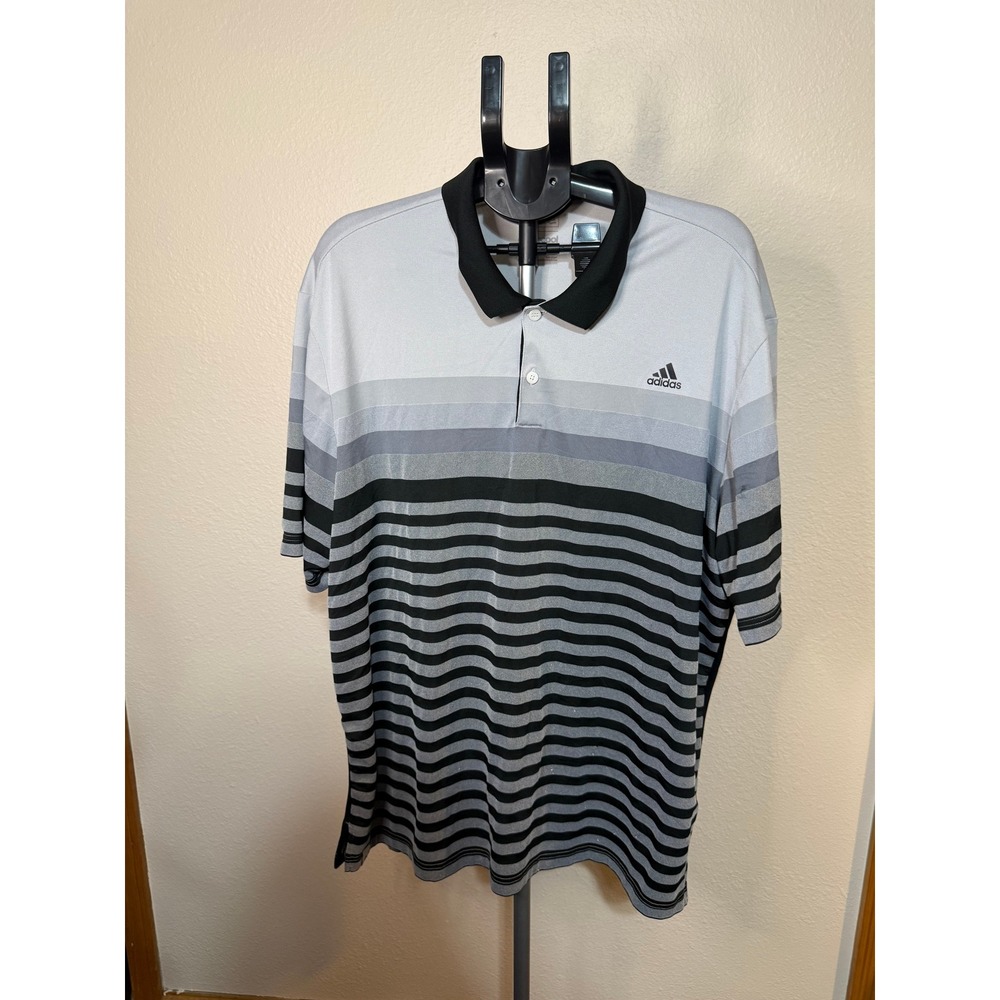 Adidas Climacool Mens 2XL Golf Polo Shirt Grey Black Striped Performance